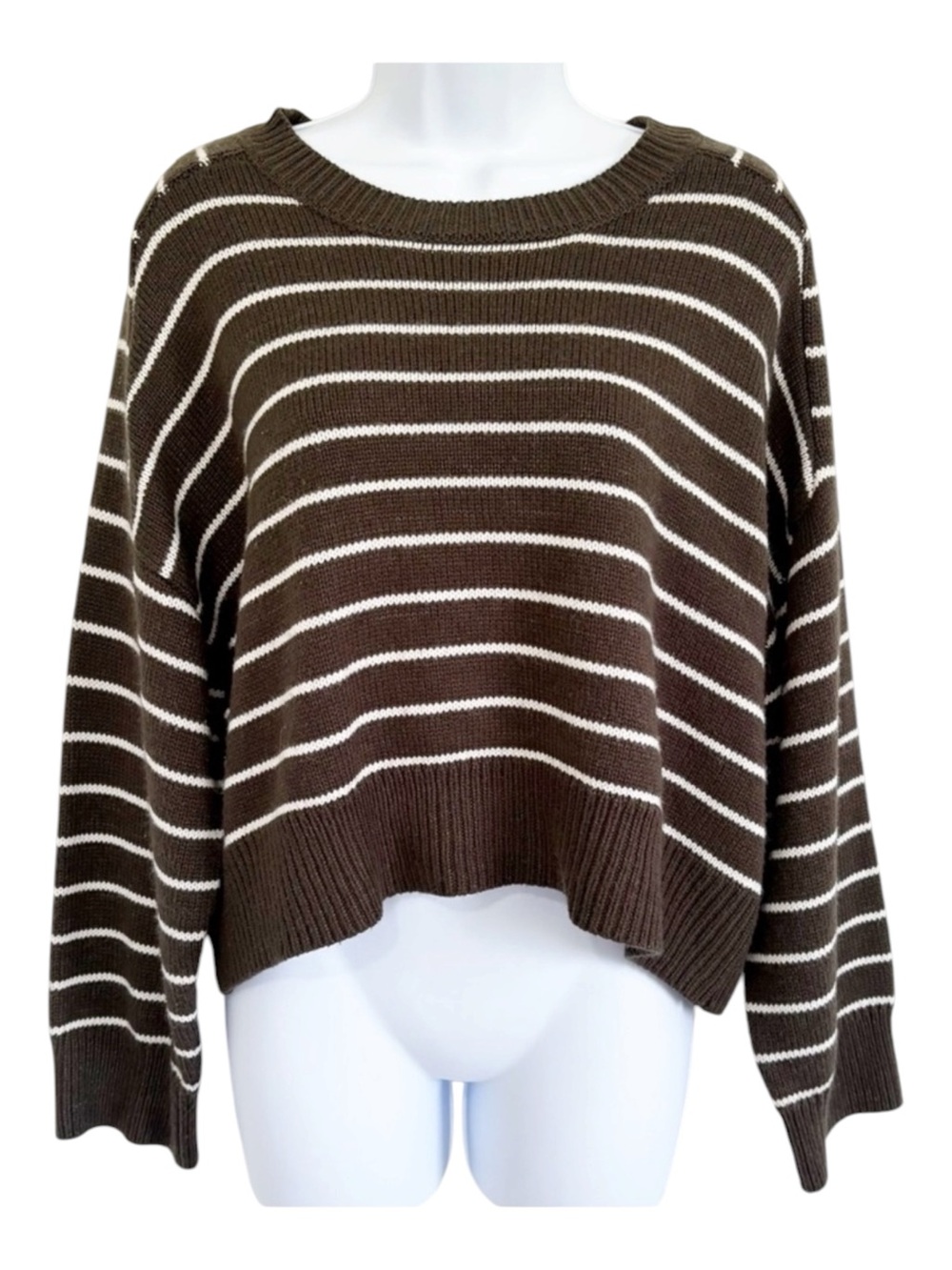 TAHARI Brown White Striped Sweater Large Relaxed Fit Knit Pullover High Low Hem